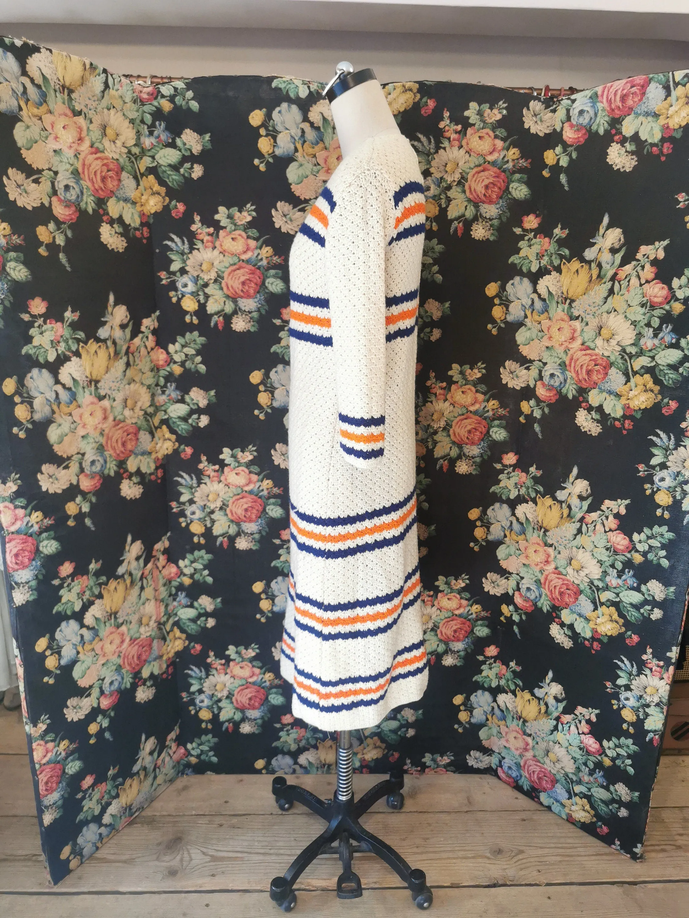 1960s beige knit dress with navy and orange stripe