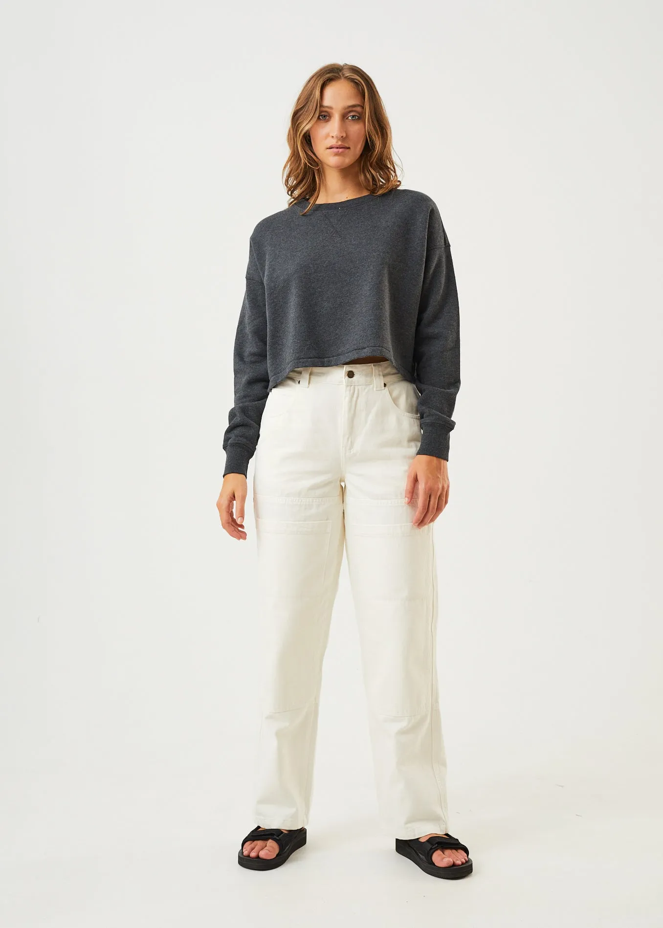 AFENDS Womens Down Town - Cropped Crew Neck Jumper - Black Marle