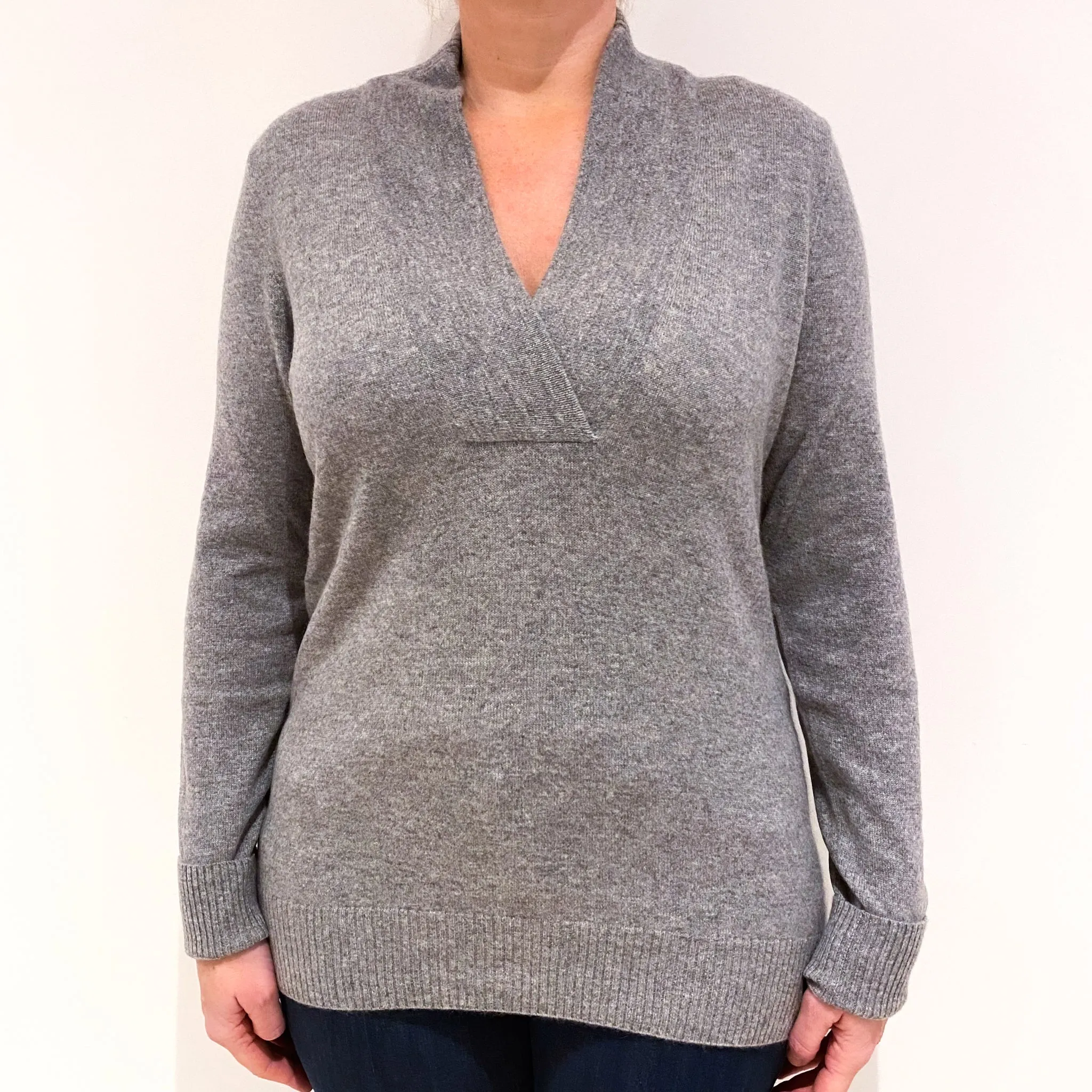 Ash Grey Cashmere Shawl Collared V-Neck Jumper Large