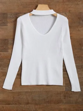 Dreamy  V Neck Ribbed Choker Jumper