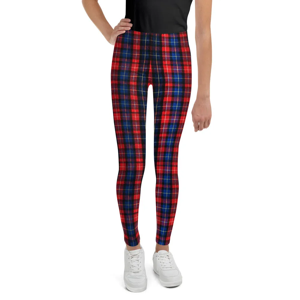 Girl Bottoms Red Blue Plaid Tartan Print Sports Gym Youth Leggings, Made in USA/EU