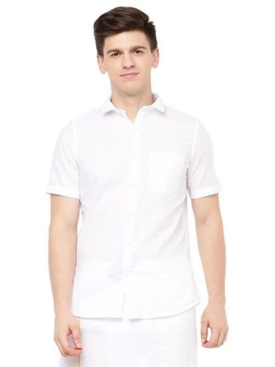 Mens Cotton White Half Sleeves Shirt with Small Border Dhoti Combo