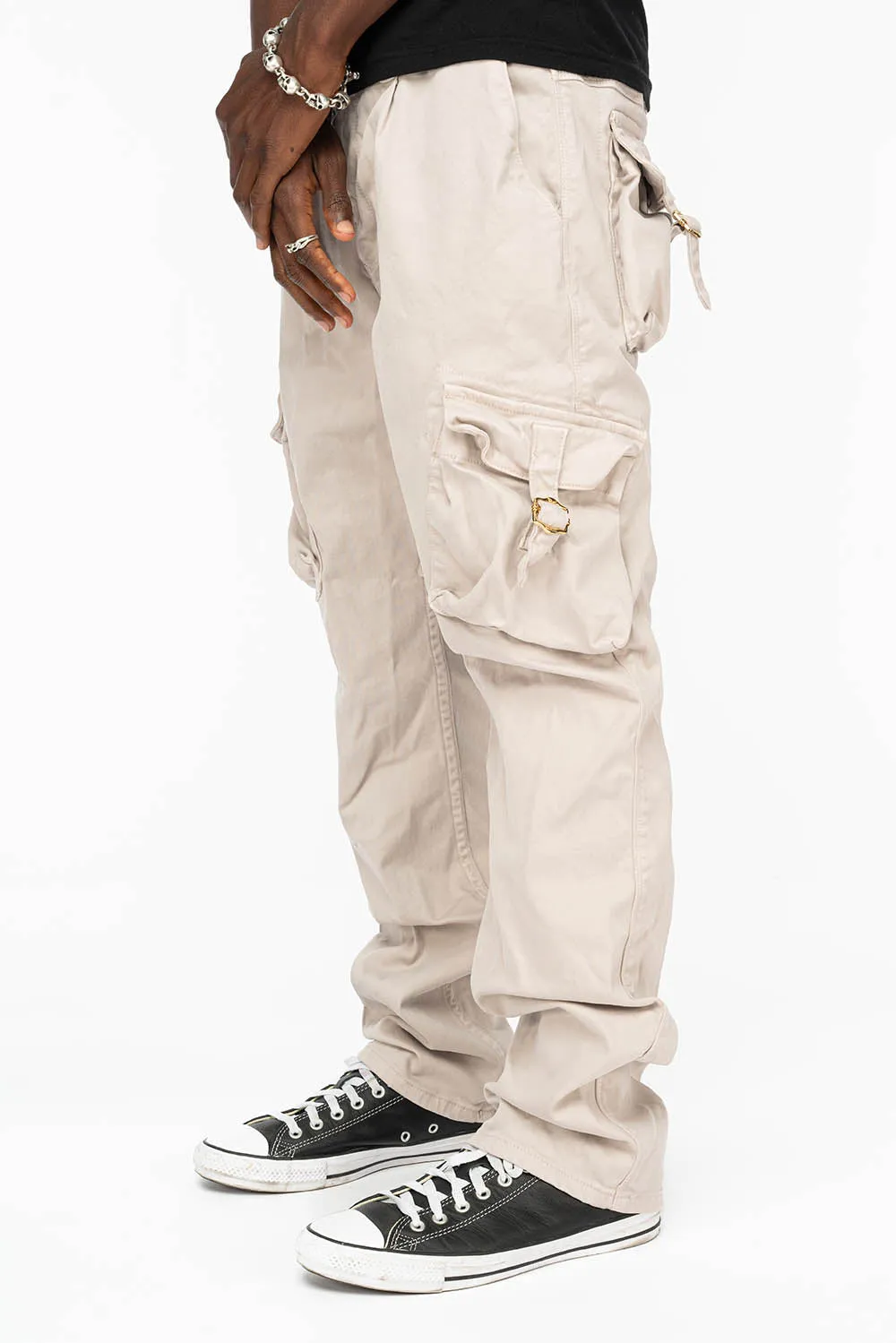 ROBINS NEW MILITARY STYLE CARGO PANTS IN STONE COLOR WASH
