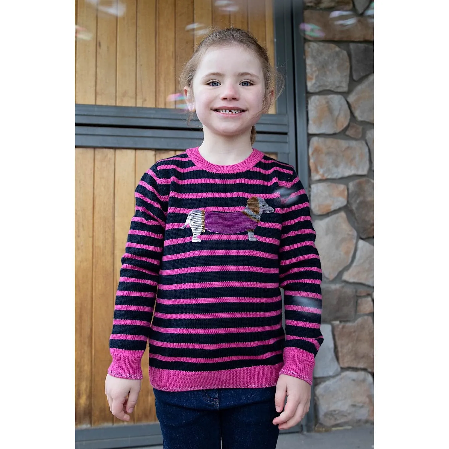 Thomas Cook Girls Sally Merino Stripe Knit Jumper Navy/Raspberry